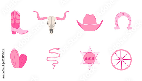 A set of pink cowboy western design elements. Wild west concept.