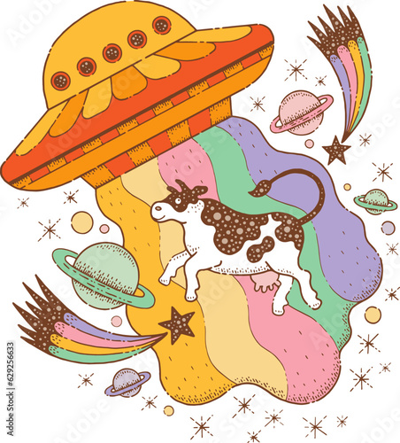 Cow abduction by UFO, alien spaceship. Retro groovy poster with psychedelic art of space ship, animal, rainbow, planets and stars, vector hand drawn illustration. Humor sketch UFO abdiction sticker