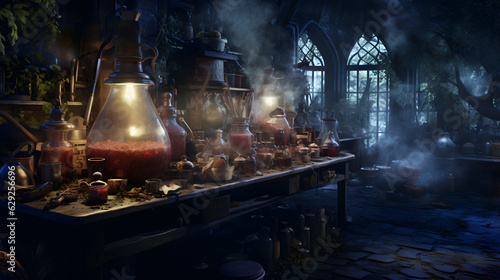 mysterious potion making scene in a witchs laboratory hallloween