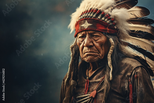 Portrait of elder native American Indian man in Apache-headdress tribal chief hat with feathers on background with copy space.