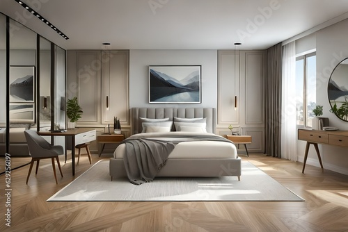 Interior of a cozy modern bedroom in light brown © muhmmad