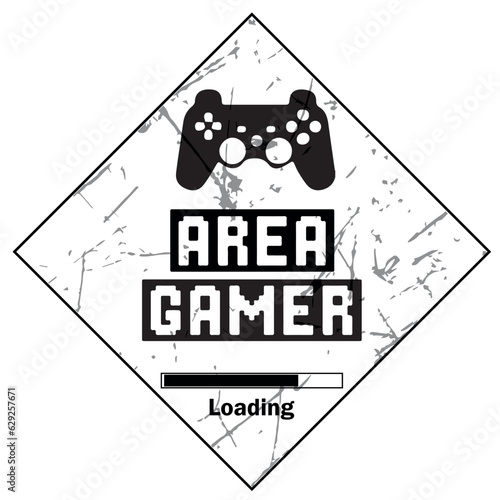 Área Gamer. Arte decorativa branca triângular com textura de rachadura no estilo grunge. Vetor com símbolos ilustrativos de joystick e textos tecnológicos e barra de carregamento.