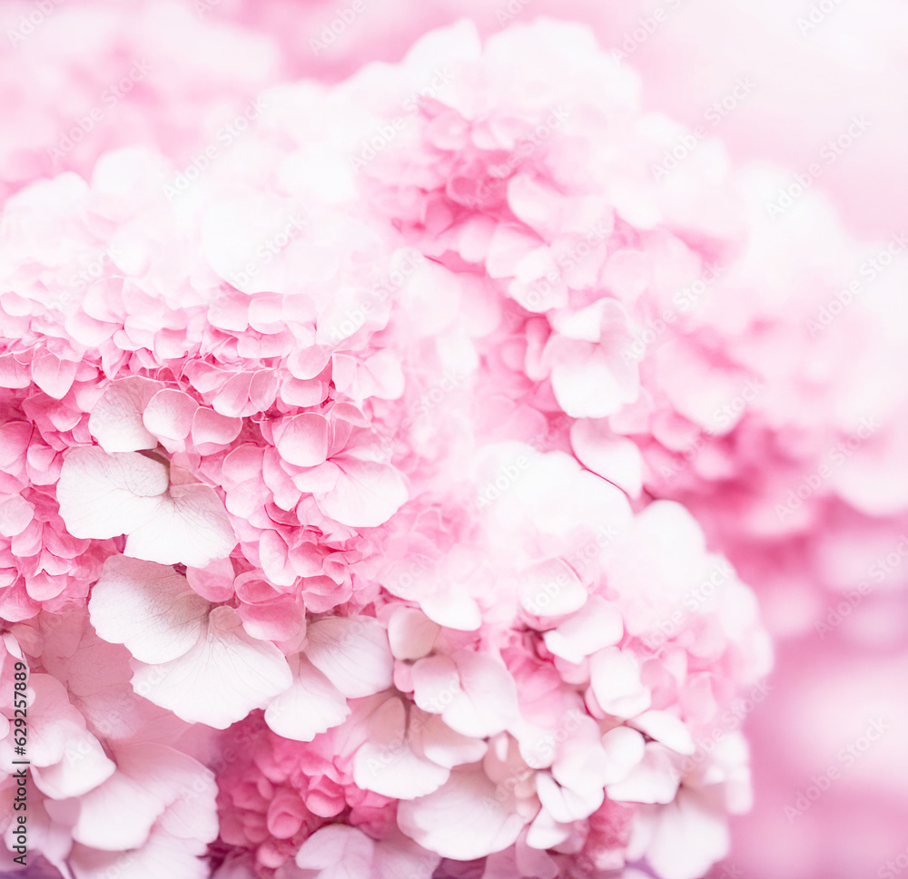Fototapeta premium Pink hydrangea closeup background. Beautiful artistic image of delicate flowers.