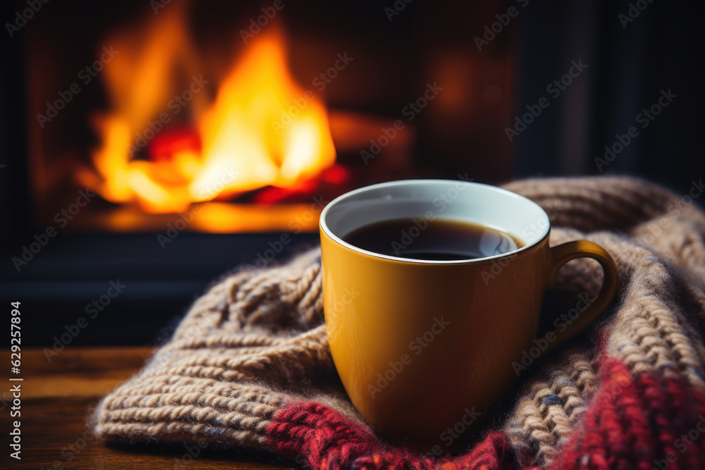A warm-toned shot of a cozy living room with a lit fireplace, fuzzy blankets and mug of hot cocoa on the coffee table. A warm-toned shot of a cozy living room with a lit fireplace, fuzzy blankets and mug of hot cocoa on the coffee table.