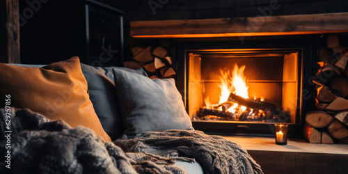A warm-toned shot of a cozy living room with a lit fireplace, fuzzy blankets and candles.