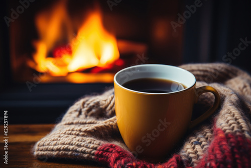 A warm-toned shot of a cozy living room with a lit fireplace, fuzzy blankets and mug of hot cocoa on the coffee table.