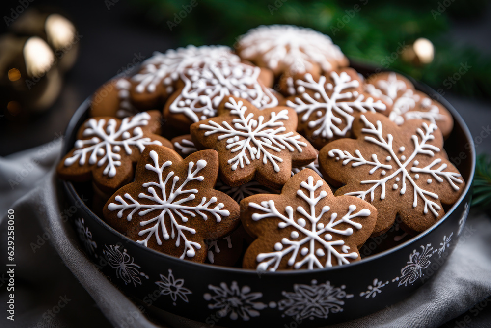 Decorated icing gingerbread cookies in festive plate. Christmas treat. Decorated icing gingerbread cookies in festive plate. Christmas treat.