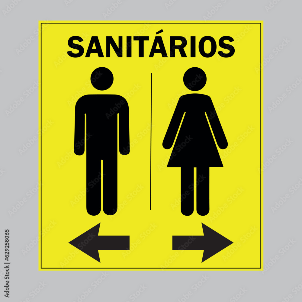 Aviso para Sanitários Masculino e Feminino. Arte composta das cores preta e amarela com belo contraste. Ícones de gênero e setas ilustrativas. Aviso para Sanitários Masculino e Feminino. Arte composta das cores preta e amarela com belo contraste. Ícones de gênero e setas ilustrativas.
