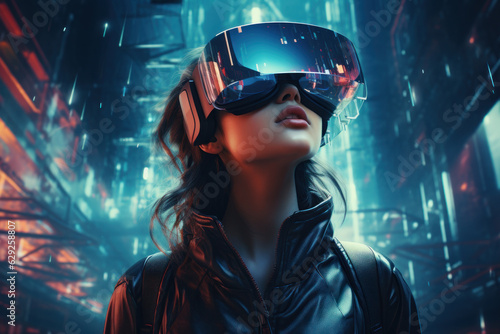 Young woman with VR glasses in cyberspace.