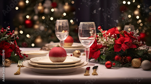 festive christmas dinner setting. Seasonal holiday dining background.