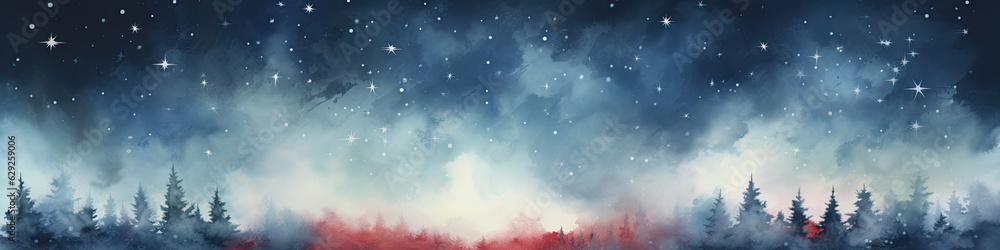 Abstract watercolor Christmas banner. Spruce winter forest against a starry sky.