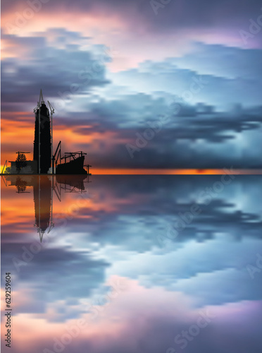 sunset composition with house building and sky reflection