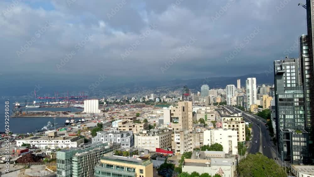 Beirut, Lebanon - July 29, 2023: Aerial Drone shot of the massive blast explosion site that happened at Beirut Port silos