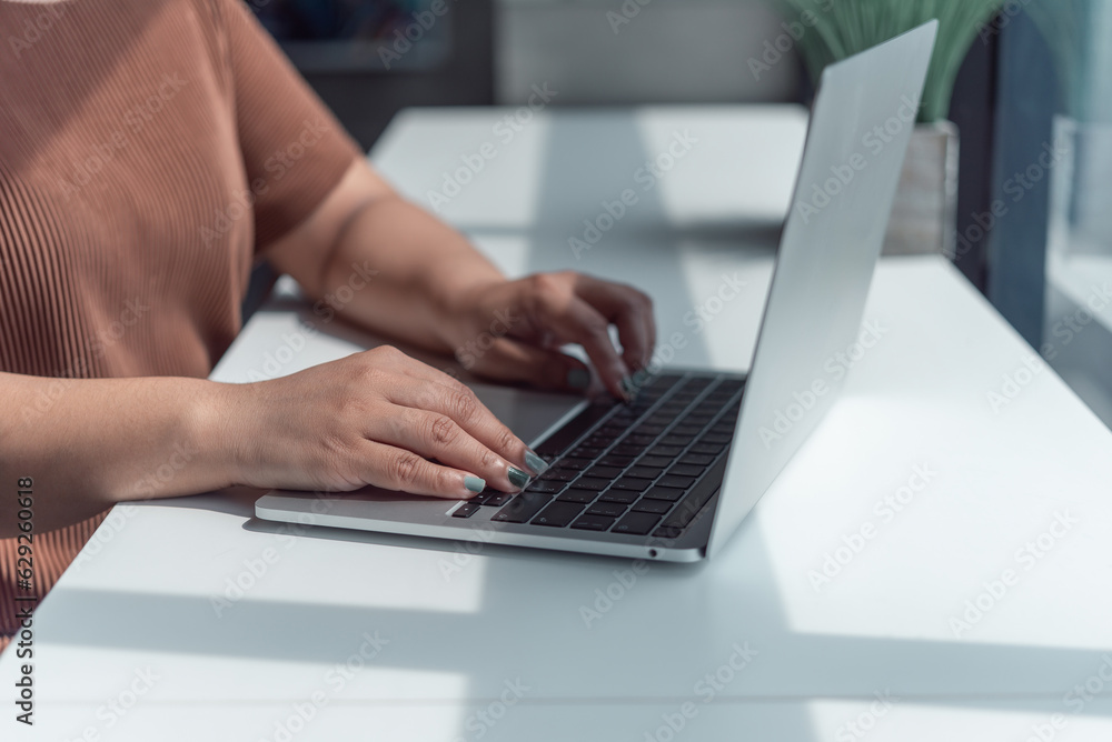Woman Using Laptop Computer for Work Social Network and Browsing, Digital Marketing, Communication, Technology to Connect Online Concept. Woman Using Laptop Computer for Work Social Network and Browsing, Digital Marketing, Communication, Technology to Connect Online Concept.