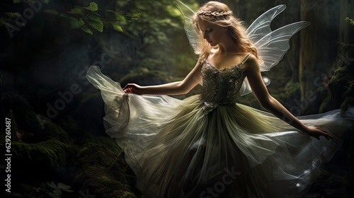 Foto Mystical magical dancing forest fairy. AI generated image.