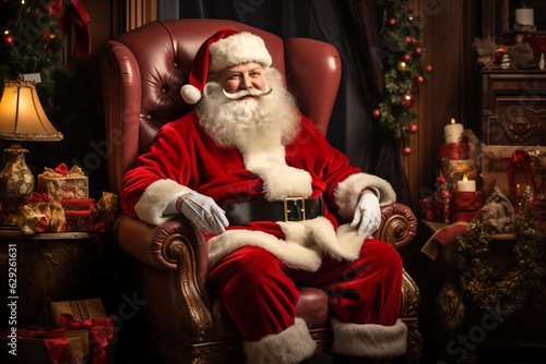 traditional Santa Claus sitting in his arm chair in a Christmas decorated living room photo