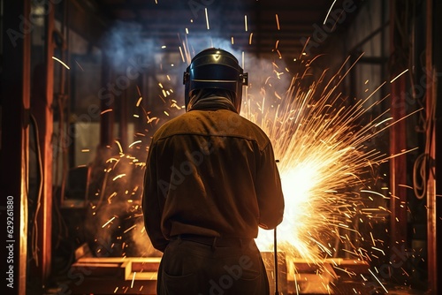 a welder using welding machine with a helmet photo