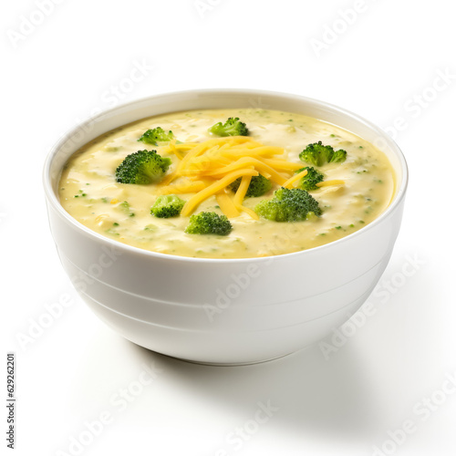 Creamy and cheesy broccoli cheddar soup isolated on white background 