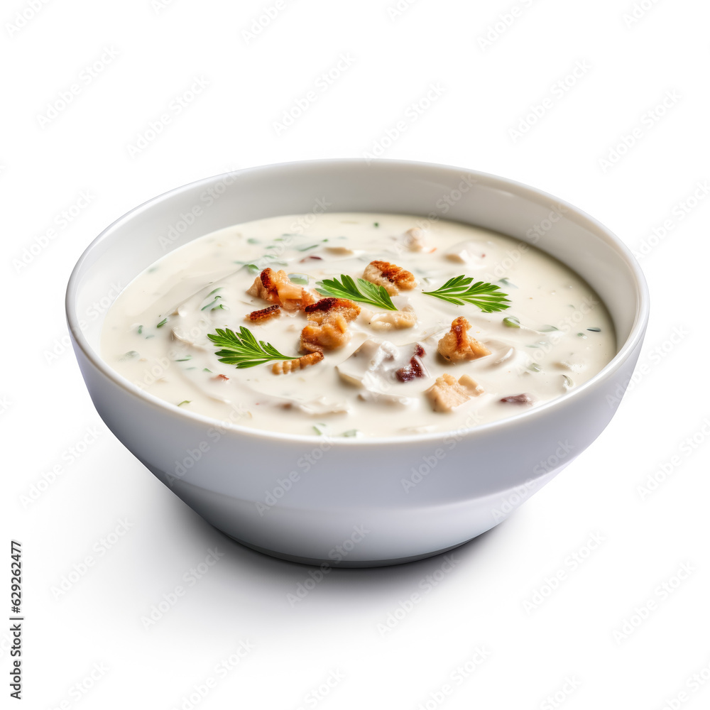 Creamy and delicious clam chowder soup isolated on white background 