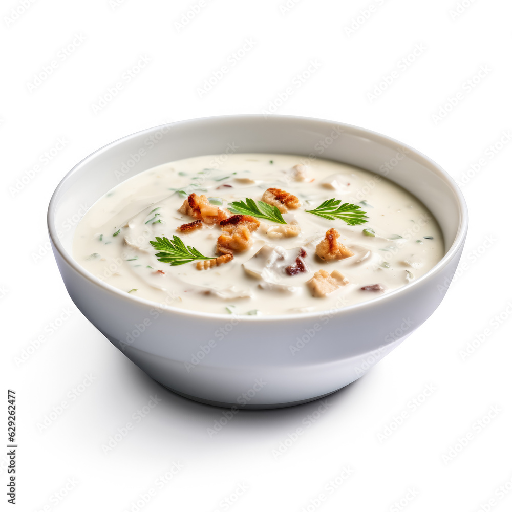 Creamy and delicious clam chowder soup isolated on white background Creamy and delicious clam chowder soup isolated on white background