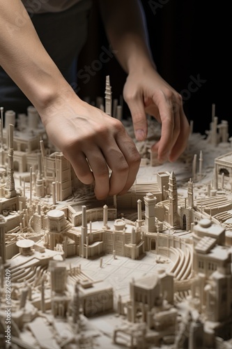 a hand assembling a 3d project of a building