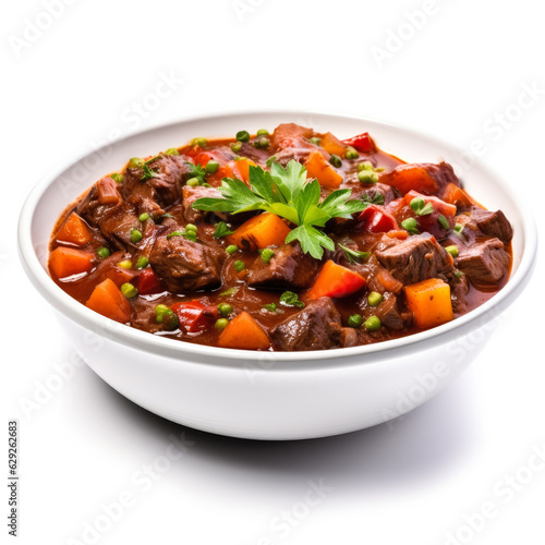 Hearty and flavorful beef and vegetable stew isolated on white background 