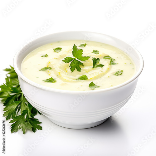 Hearty and creamy potato leek soup isolated on white background 