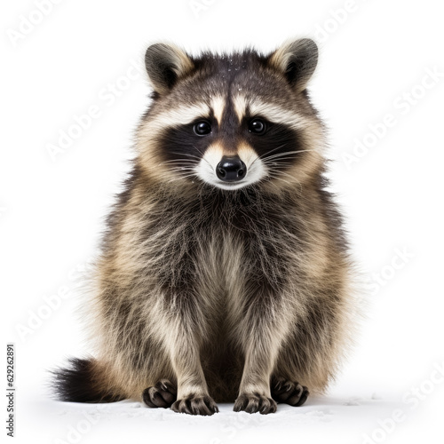 Raccoon in winter isolated on white background 