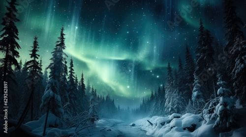 Northern Lights dancing in the winter sky with empty space for text 