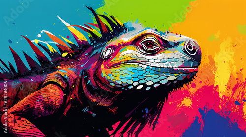 Iguana head illustration in abstract mixed grunge colors digital painting in minimal graphic art style. Digital illustration generative AI. © Tepsarit