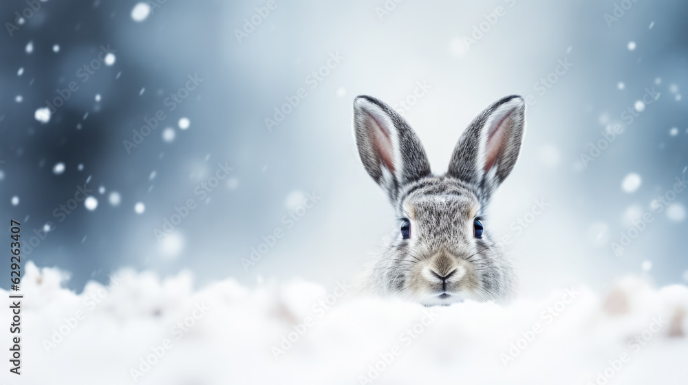Snowshoe hare on snow background with empty space for text 