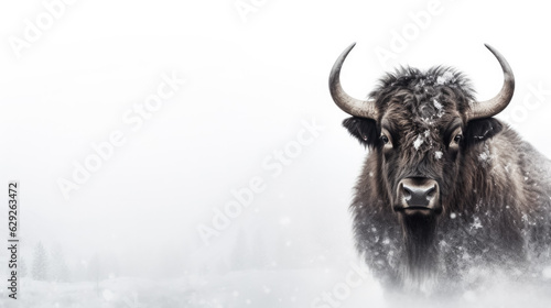 Snowy bison on snow background with empty space for text 