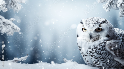 Snowy owl on snow background with empty space for text 