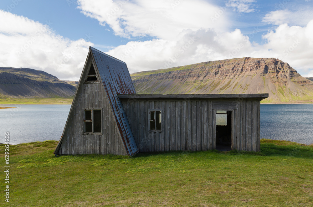 the famous Fossfjörður abandoned farm house called the A House, iceland the famous Fossfjörður abandoned farm house called the A House, iceland