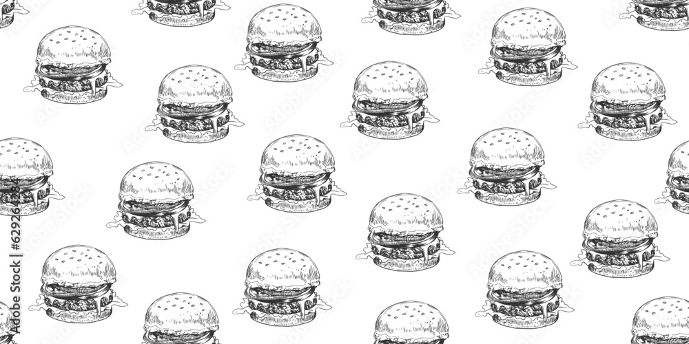 Seamless pattern with black and white hand drawn hamburger with melted cheese, tomato, onion, salad on white background. Fast food. Sketch style. Burger drawing with hatching. Engraved illustration Seamless pattern with black and white hand drawn hamburger with melted cheese, tomato, onion, salad on white background. Fast food. Sketch style. Burger drawing with hatching. Engraved illustration