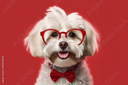 Heartwarming Canine Charm: Beautiful Dog with Heart-Shaped Glasses - Adorable Stock Image for Sale