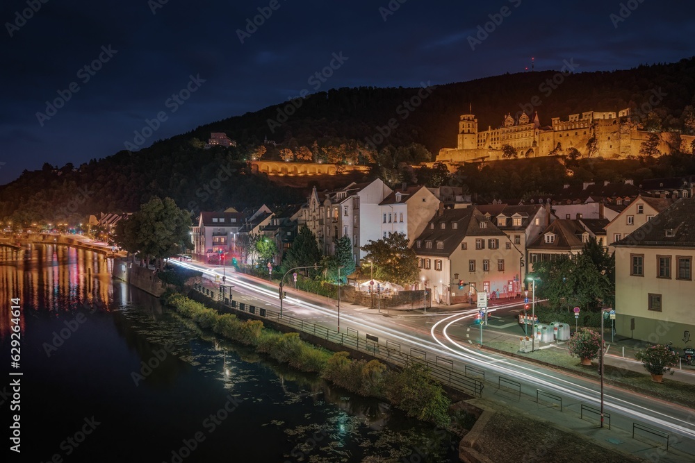 Heidelberg Castle at night above Neckar River, Heidelberg, Baden-Wurttemberg, Germany