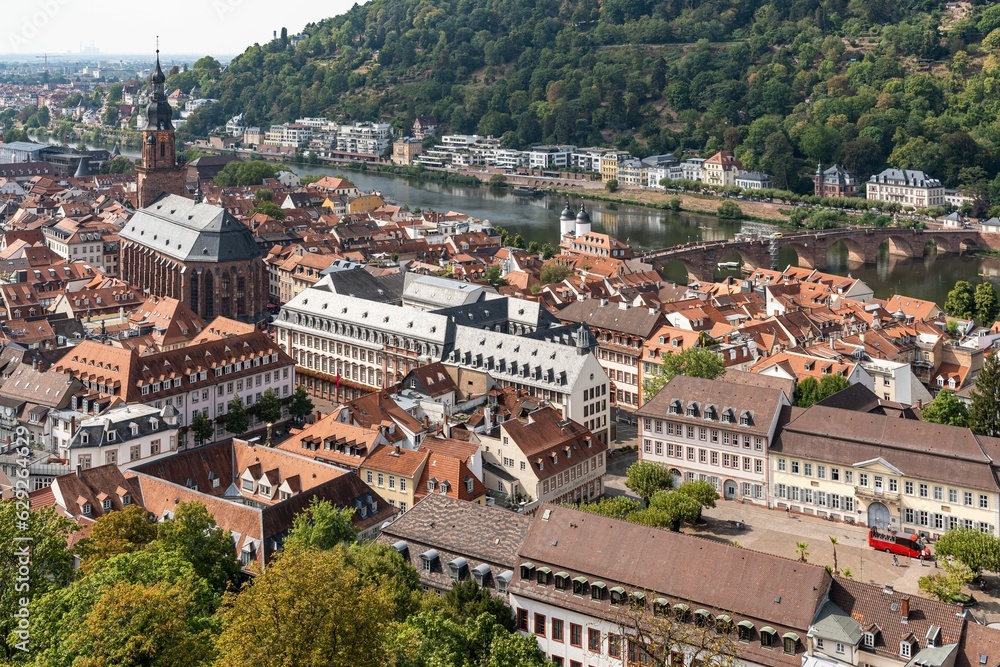 Fototapeta premium Aerial view of Heidelberg Old Town seen from Heidelberg Castle viewpoint, Baden-Wurttemberg, Germany