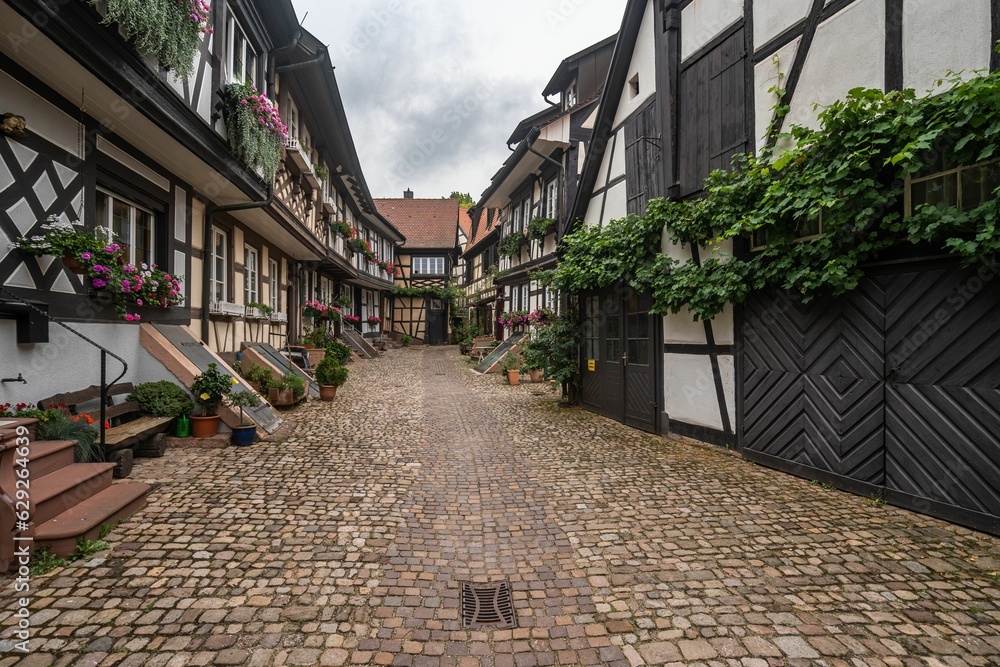 a narrow cobblestone street lined with buildings in a european town
