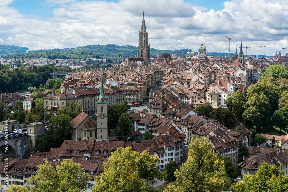Scenic aerial view of Bern's old town seen from Rose Garden viewpoint, Switzerland.