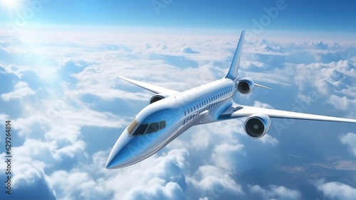 Modern futuristic supersonic passenger jet over clouds