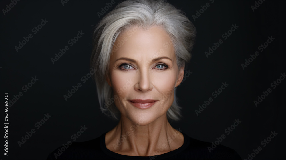 Charming 50s mid-aged woman, isolated on white, gazes at the camera. Close-up portrait of a mature lady with healthy skin, representing beauty, middle-age skincare, and cosmetology. Charming 50s mid-aged woman, isolated on white, gazes at the camera. Close-up portrait of a mature lady with healthy skin, representing beauty, middle-age skincare, and cosmetology.
