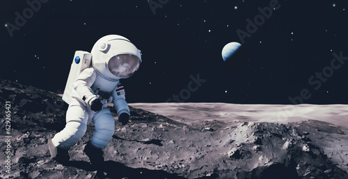 immagine con primo piano di astronauta che cammina sulla superficie di una immaginaria luna, spazio scuro e pianeta blu sullo sfondo photo