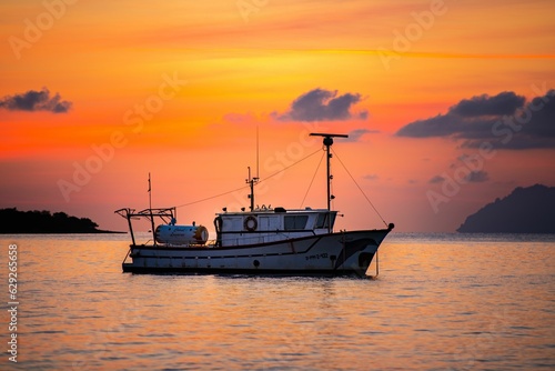 Large fishing boat is silhouetted against a stunning sunset © Dgcphotography/Wirestock Creators