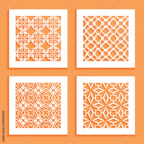 Templates for laser cutting, plotter cutting, printing. Square line patterns set. Geometric design cut out of paper. Mandala Islamic die cut ornament. Fretwork panels, cutout silhouette stencils