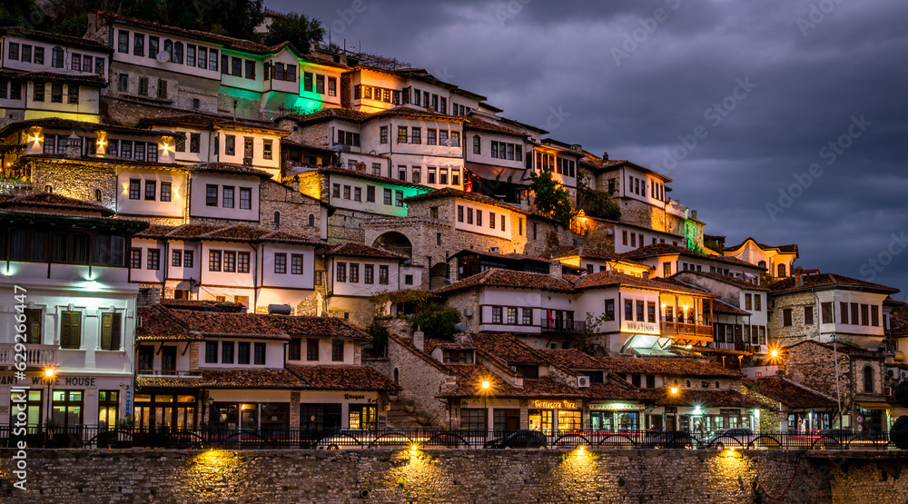 night view at historic city of Berat in Albania, World Heritage Site by UNESCO
