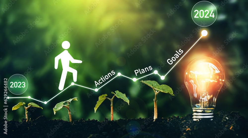 New Year 2024 with plan, action, innovation and goals.Growing plan of successful business in 2024 year and a figure climbs the ladder of success.  - obrazy, fototapety, plakaty 
