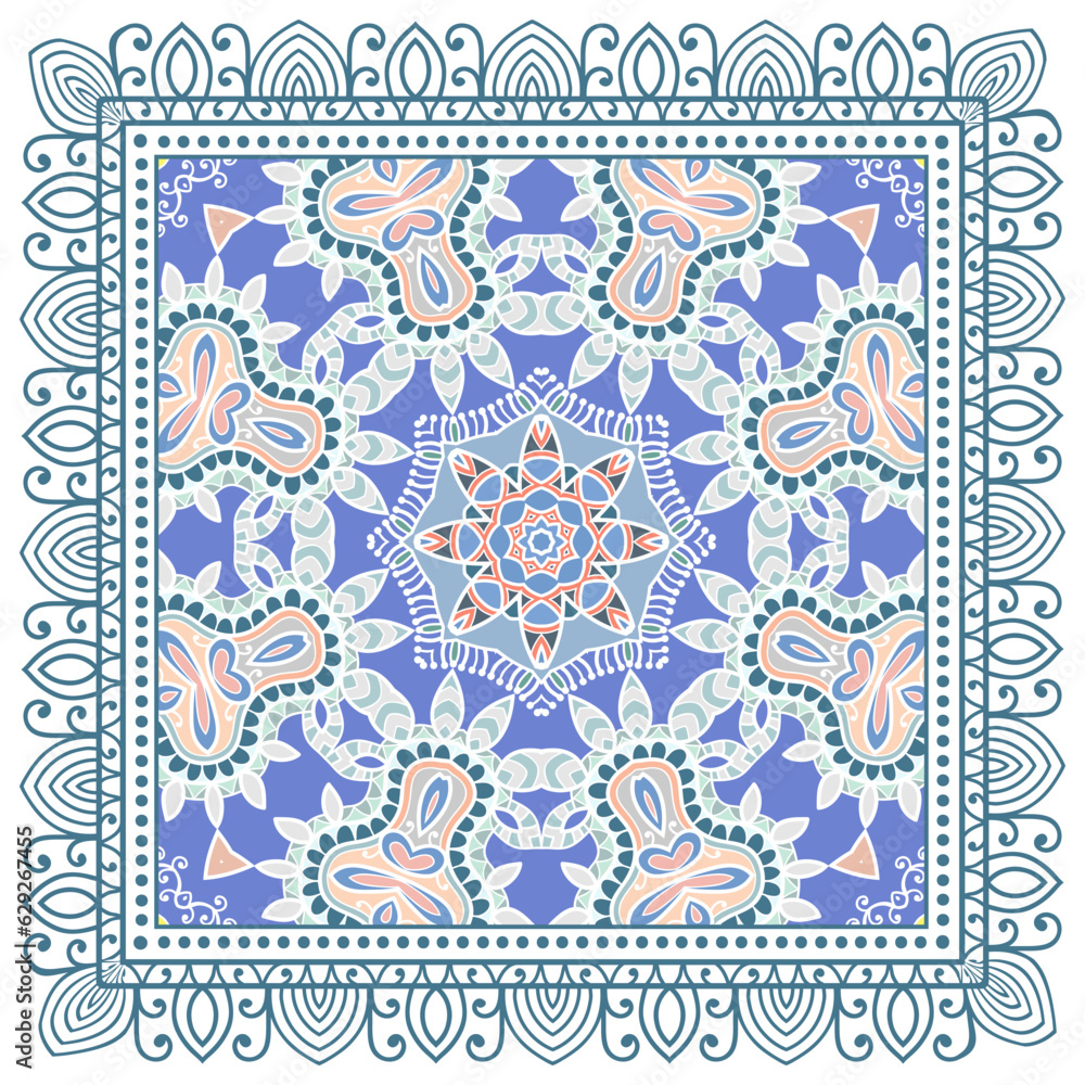 Decorative doodle ornament, symmetric pattern with lace frame. Tribal ethnic mandala decor. Bandana shawl, hijab, tablecloth fabric print, silk neck scarf, kerchief design. Colorful vector background Decorative doodle ornament, symmetric pattern with lace frame. Tribal ethnic mandala decor. Bandana shawl, hijab, tablecloth fabric print, silk neck scarf, kerchief design. Colorful vector background