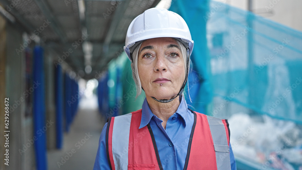 Middle age grey-haired woman builder standing with relaxed expression at street Middle age grey-haired woman builder standing with relaxed expression at street