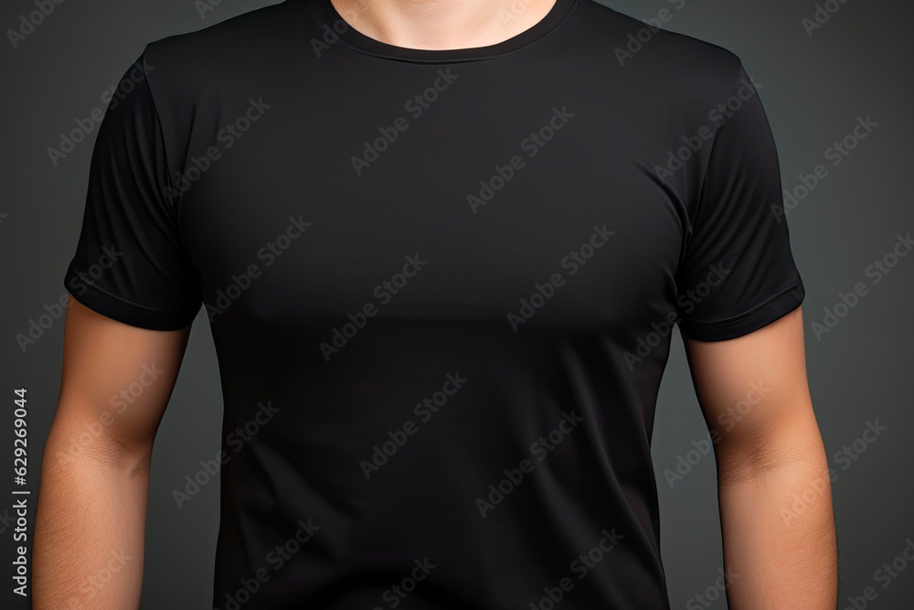 Blank Black T-Shirt Mockup for Adult Men. Closeup of Casual Attire on Light Grey Background. Perfect for Advertisements & Apparel Design. Generative AI Blank Black T-Shirt Mockup for Adult Men. Closeup of Casual Attire on Light Grey Background. Perfect for Advertisements & Apparel Design. Generative AI